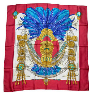 HERMES SCARF 90 "Mexique" Red, White 100% Silk Scarf 90cm Square EUC
